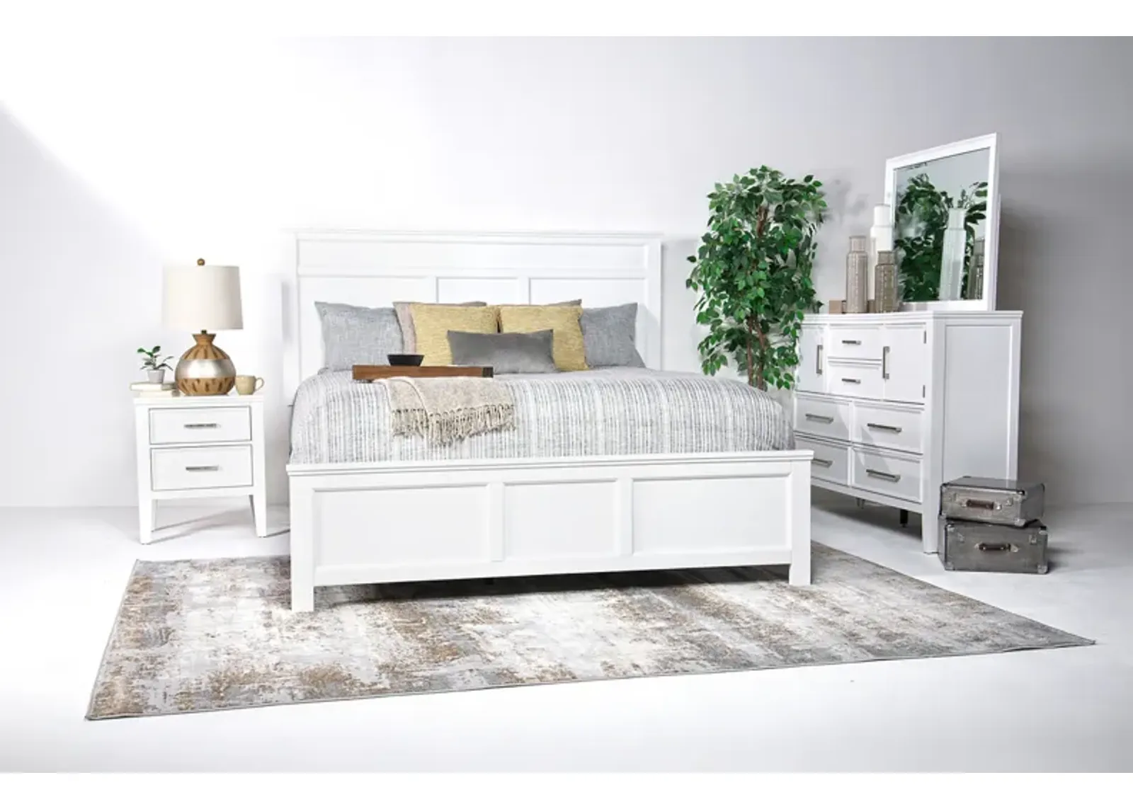 Andover Panel Bed, Dresser, Mirror & Nightstand in White, CA King