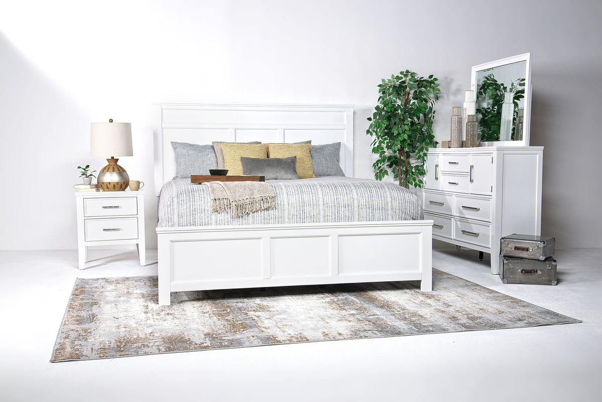 Andover Panel Bed, Dresser, Mirror & Nightstand in White, CA King