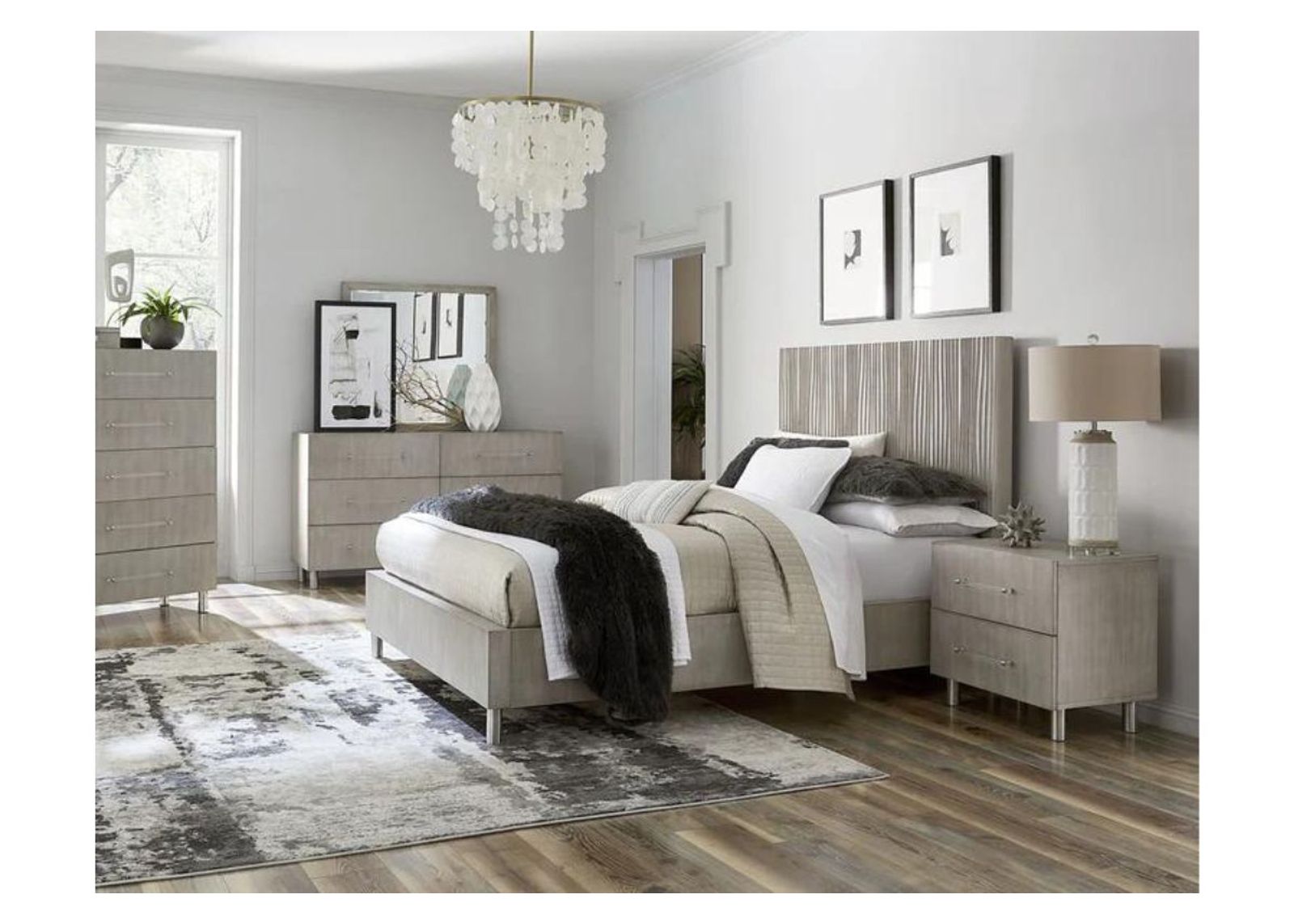 Argento Panel Bed, Dresser, Mirror & Nightstand in Misty Gray, Queen