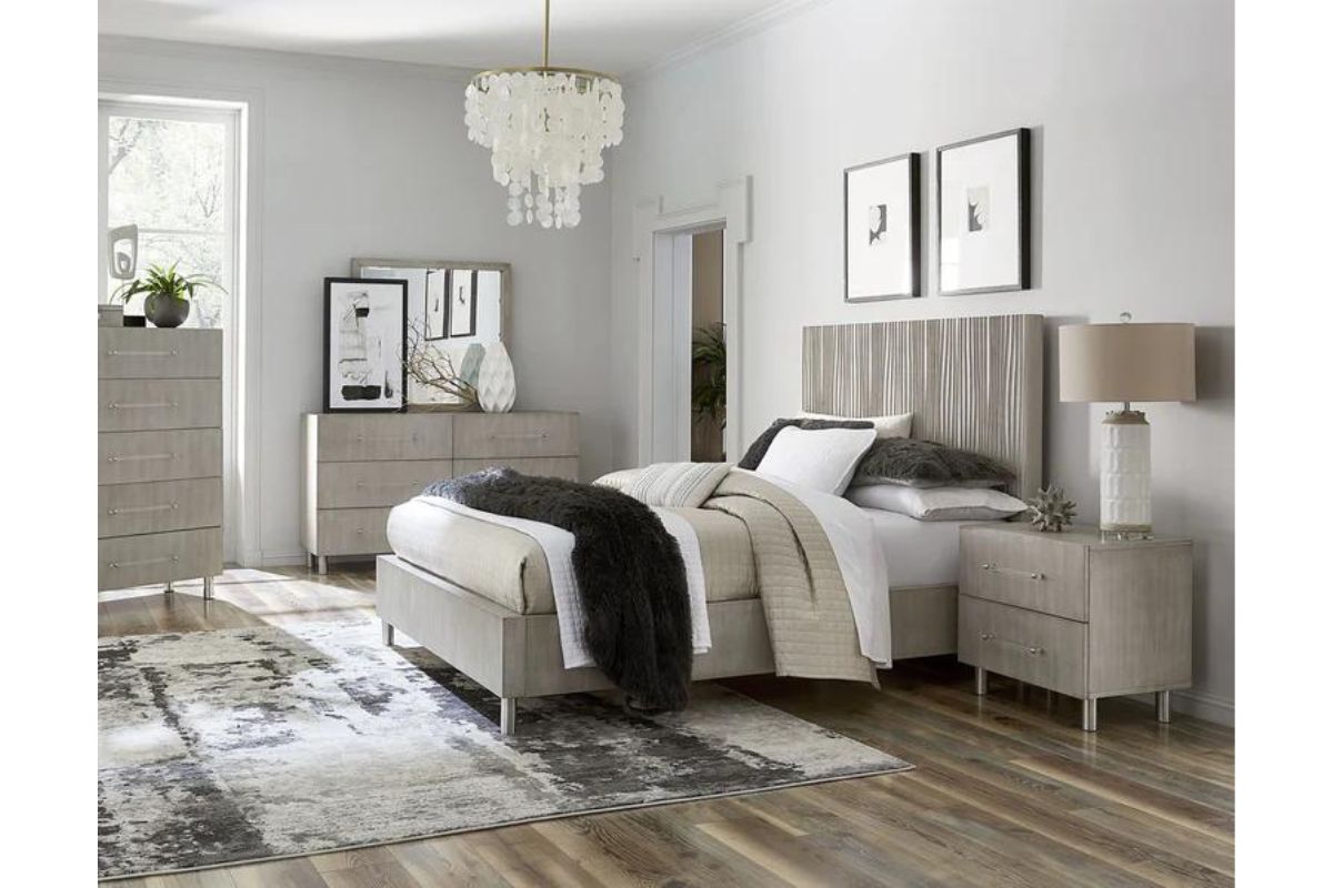 Argento Panel Bed, Dresser, Mirror & Nightstand in Misty Gray, CA King