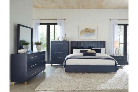 Argento Panel Bed, Dresser, Mirror & Nightstand in Navy Blue, Eastern King