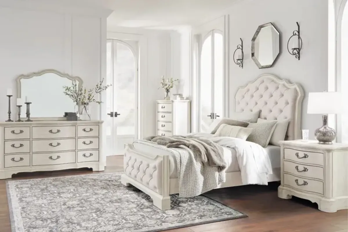 Arlendyne Upholstered Bed, Dresser, Mirror & Nightstand in Antique White, Queen