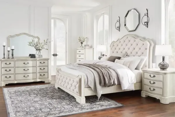 Arlendyne Upholstered Bed, Dresser, Mirror & Nightstand in Antique White, CA King