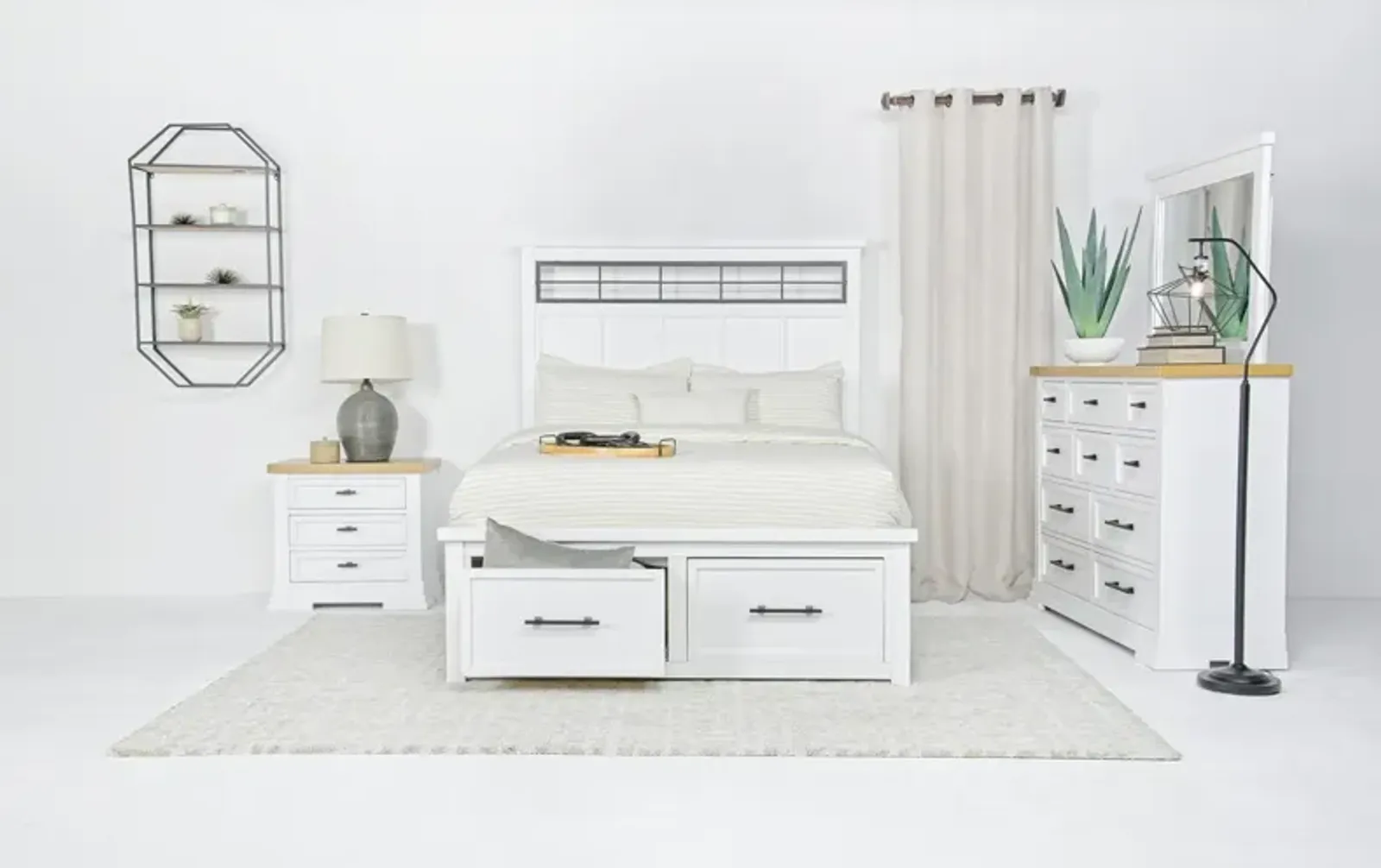 Ashbryn Storage Bed, Dresser, Mirror & Nightstand in White, Queen