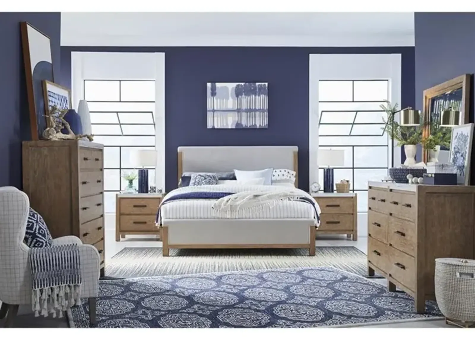 Aspen Valley Upholstered Panel Bed, Dresser, Mirror & Nightstand in Sierra Brown, Eastern King