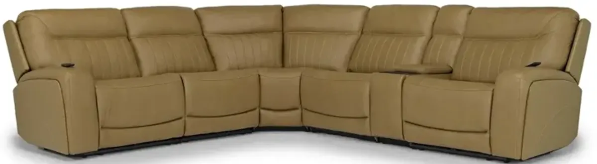 Banks 6 Piece 3 Power Sectional w/ 3 Power Armless Recliner in Aline Butternut