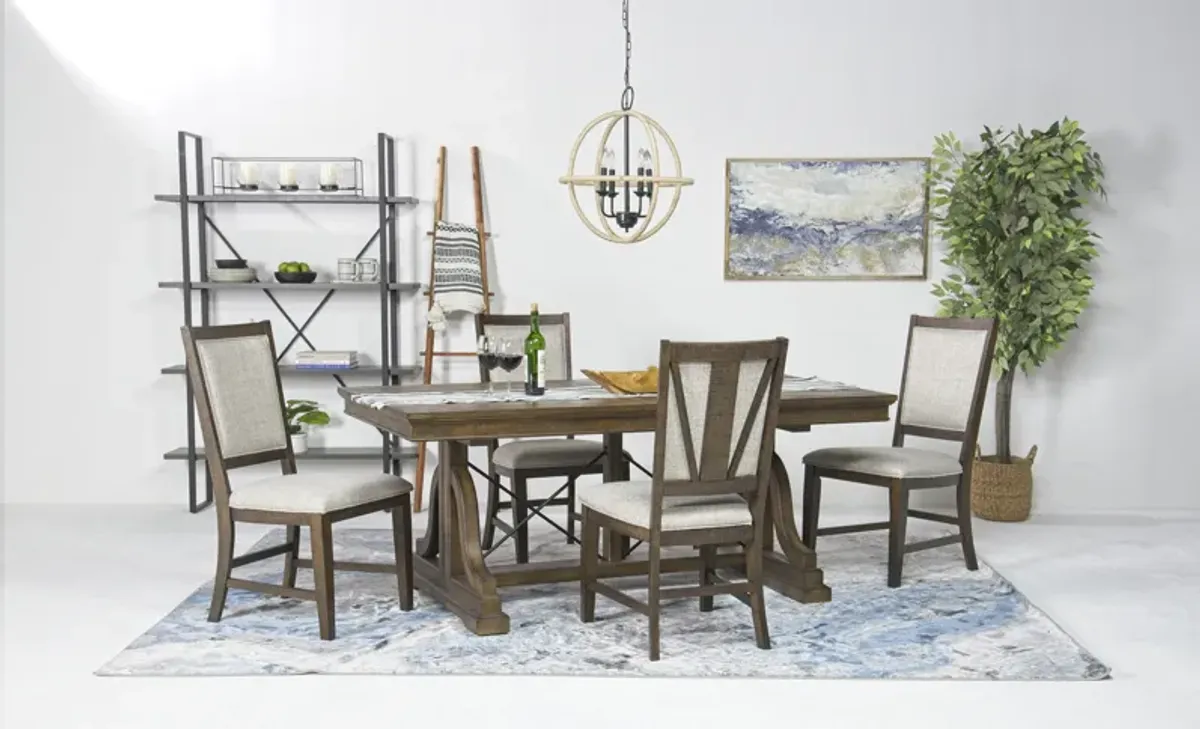 Bay Creek Extendable Dining Table & 4 Upholstered V-Back Chairs in Toasted Nutmeg