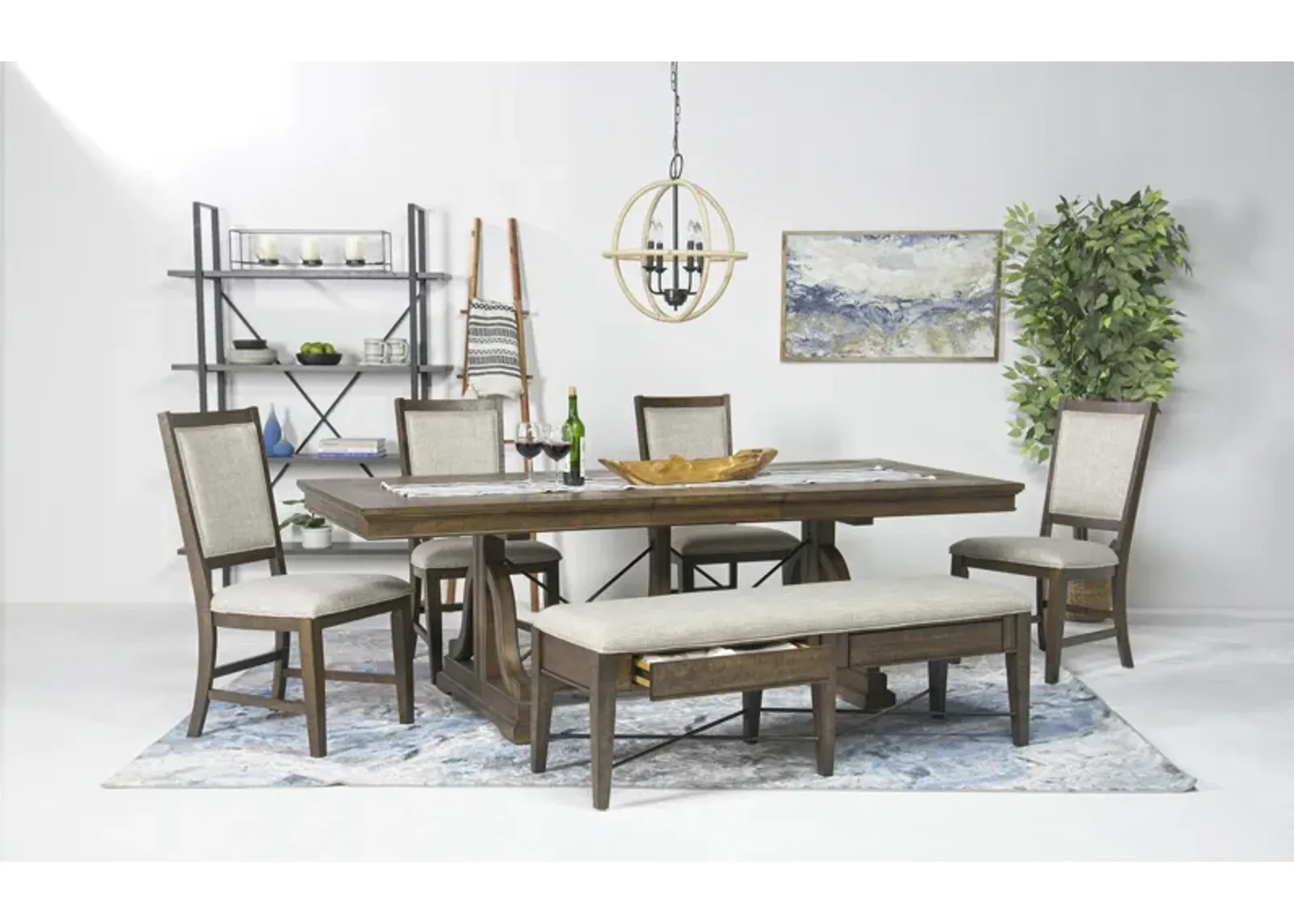 Bay Creek Extendable Dining Table, 4 Upholstered V-Back Chairs & Bench in Toasted Nutmeg