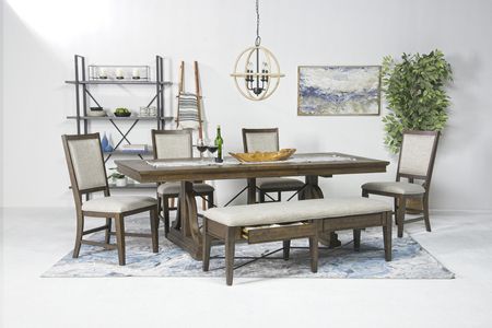Bay Creek Extendable Dining Table, 4 Upholstered V-Back Chairs & Bench in Toasted Nutmeg