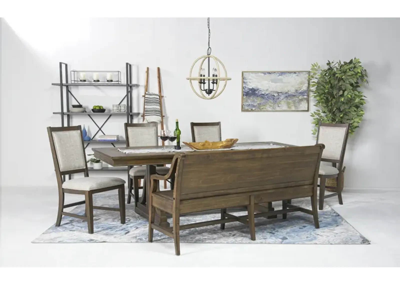 Bay Creek Extendable Dining Table, 4 Upholstered V-Back Chairs & High Back Bench in Toasted Nutmeg