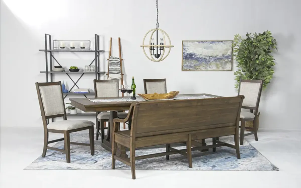 Bay Creek Extendable Dining Table, 4 Upholstered V-Back Chairs & High Back Bench in Toasted Nutmeg