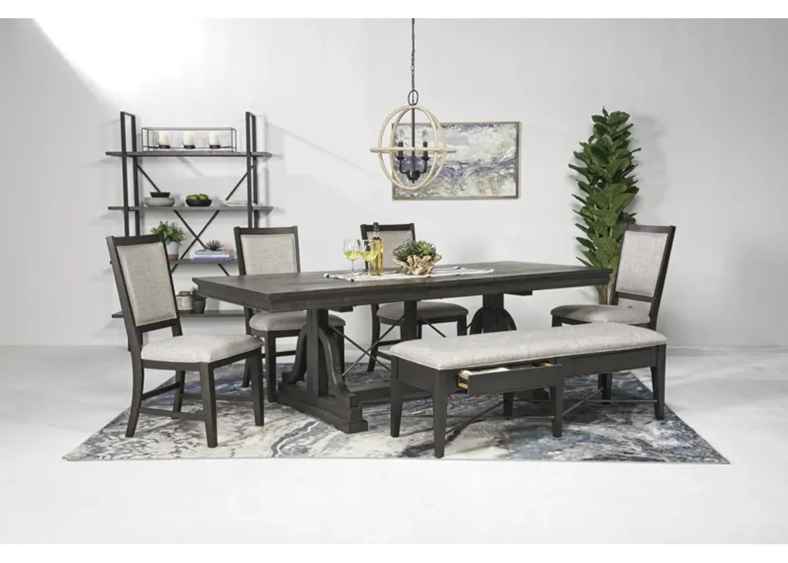 Bay Creek Extendable Dining Table, 4 Upholstered V-Back Chairs & Bench in Graphite