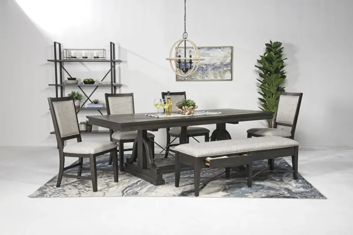 Bay Creek Extendable Dining Table, 4 Upholstered V-Back Chairs & Bench in Graphite