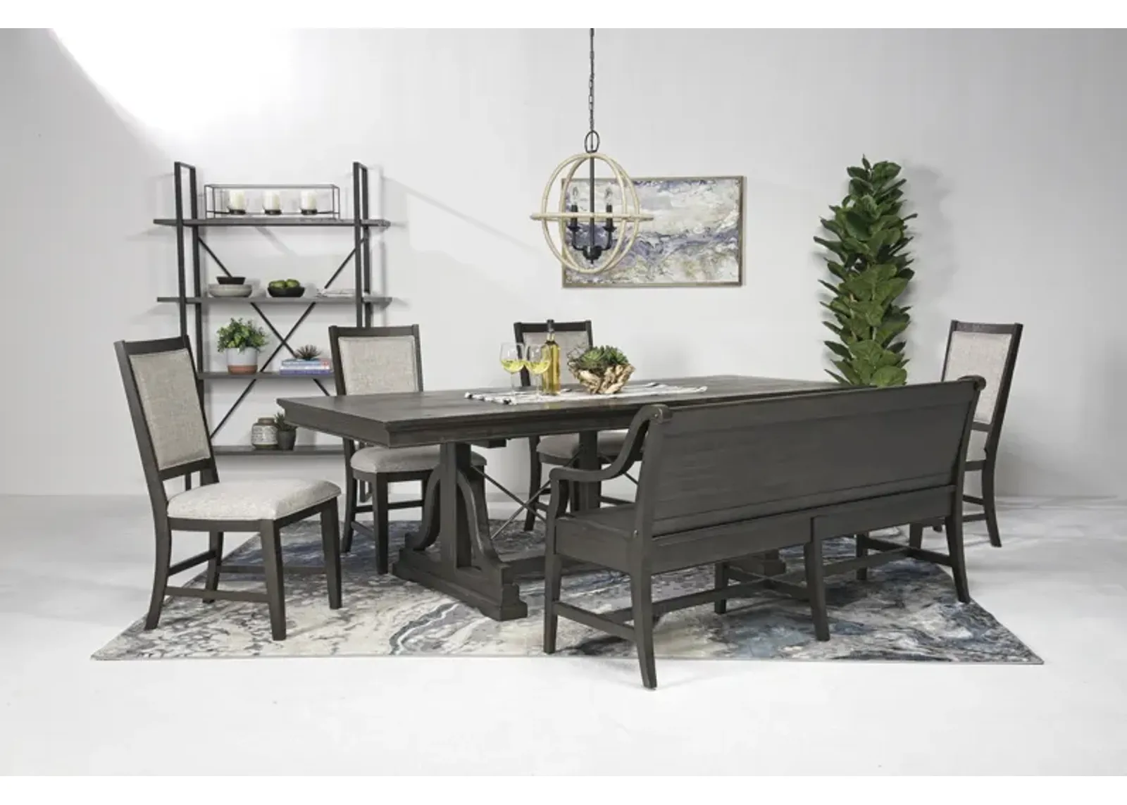 Bay Creek Extendable Dining Table, 4 Upholstered V-Back Chairs & High Back Bench in Graphite