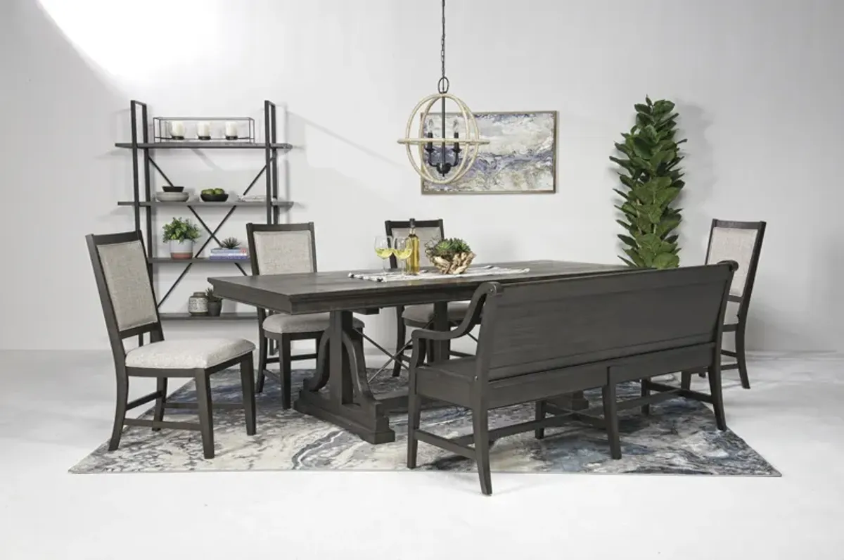 Bay Creek Extendable Dining Table, 4 Upholstered V-Back Chairs & High Back Bench in Graphite