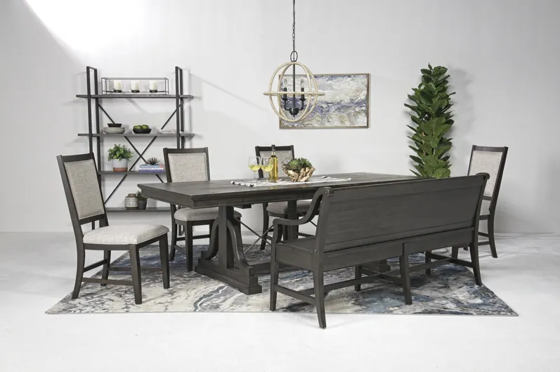 Bay Creek Extendable Dining Table, 4 Upholstered V-Back Chairs & High Back Bench in Graphite