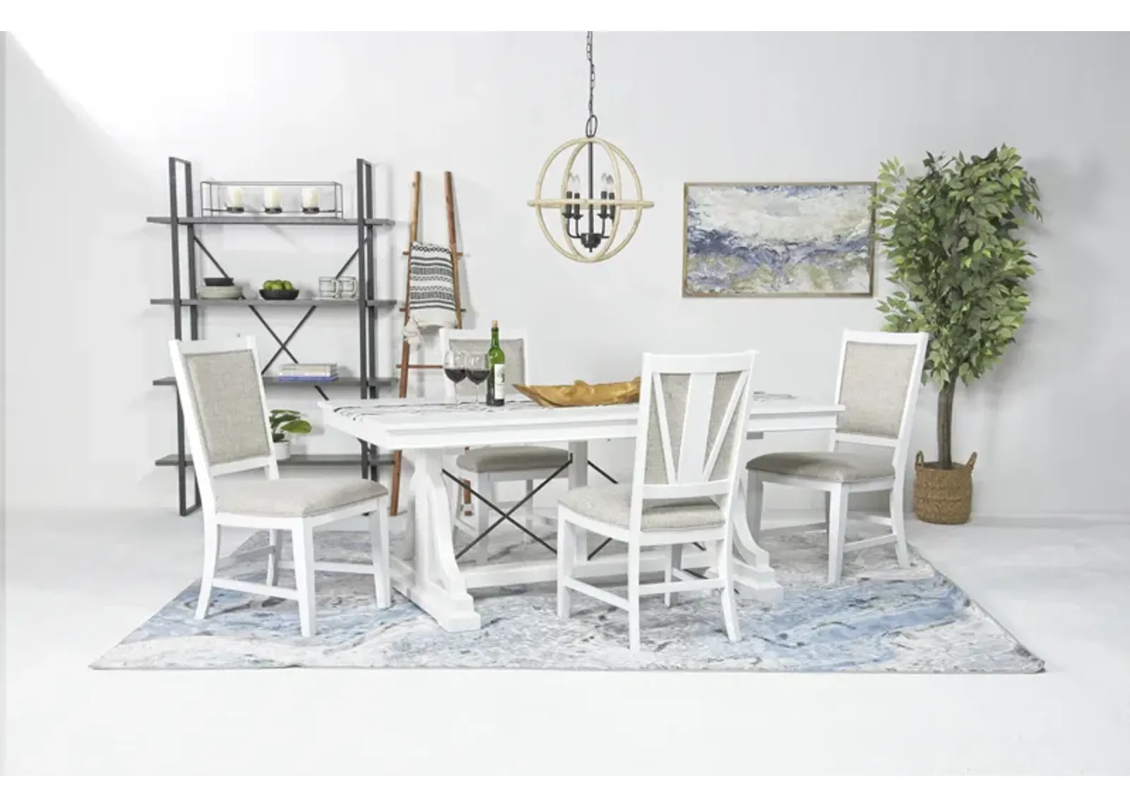 Bay Creek Extendable Dining Table & 4 Upholstered V-Back Chairs in Chalk White