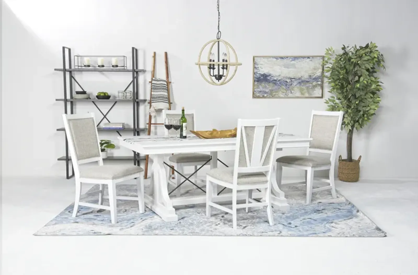 Bay Creek Extendable Dining Table & 4 Upholstered V-Back Chairs in Chalk White