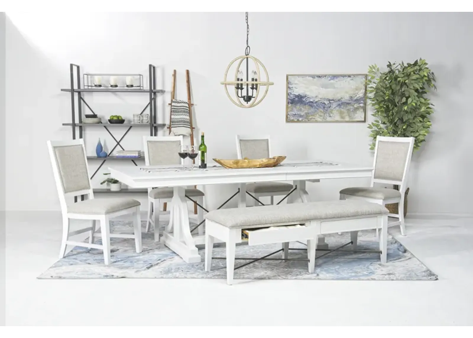 Bay Creek Extendable Dining Table, 4 Upholstered V-Back Chairs & Bench in Chalk White