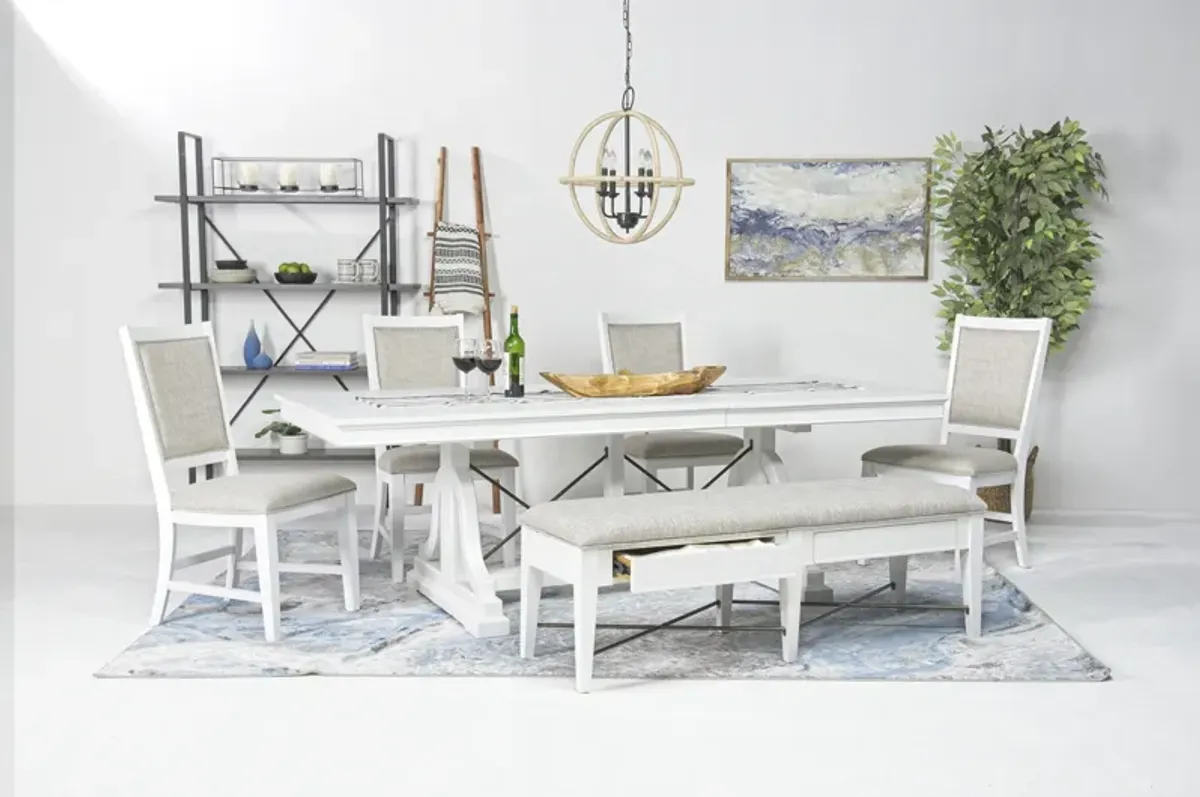 Bay Creek Extendable Dining Table, 4 Upholstered V-Back Chairs & Bench in Chalk White