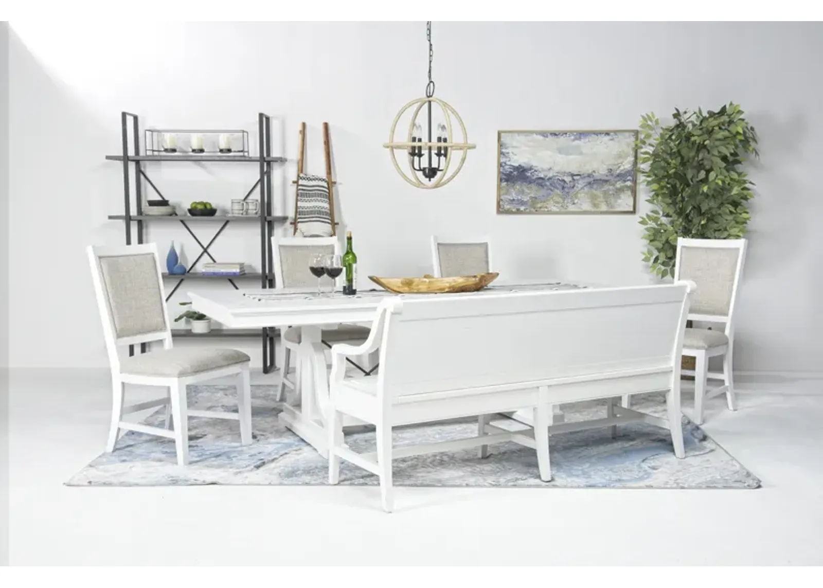 Bay Creek Extendable Dining Table, 4 Upholstered V-Back Chairs & High Back Bench in Chalk White