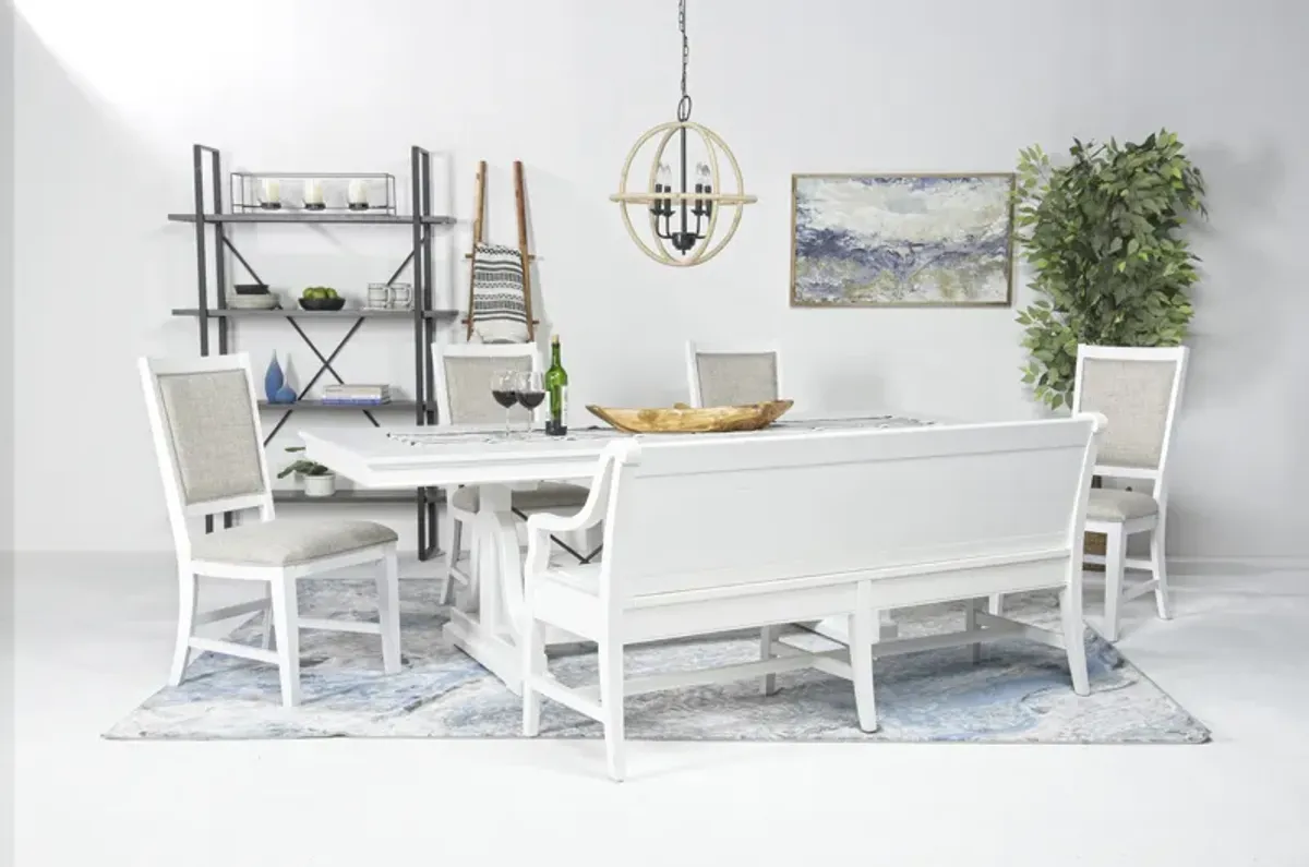 Bay Creek Extendable Dining Table, 4 Upholstered V-Back Chairs & High Back Bench in Chalk White