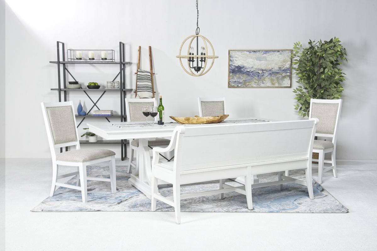 Bay Creek Extendable Dining Table, 4 Upholstered V-Back Chairs & High Back Bench in Chalk White