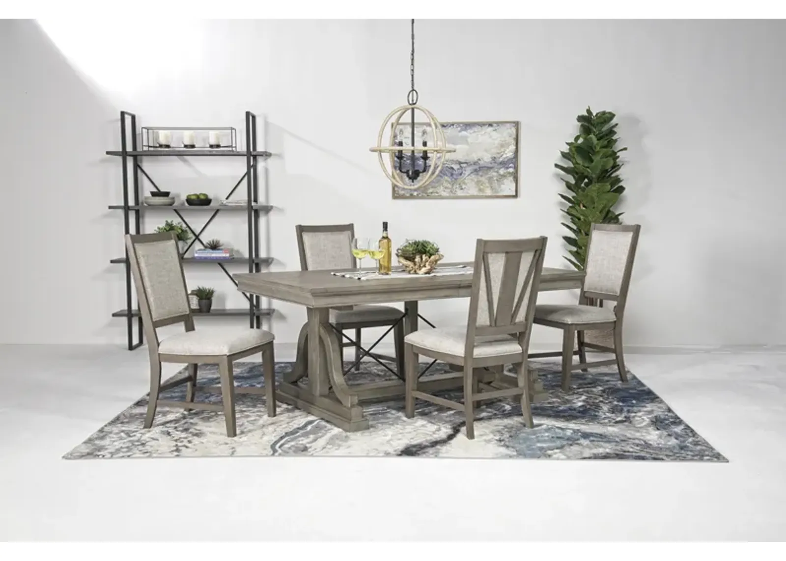 Bay Creek Extendable Dining Table & 4 Upholstered V-Back Chairs in Light Gray