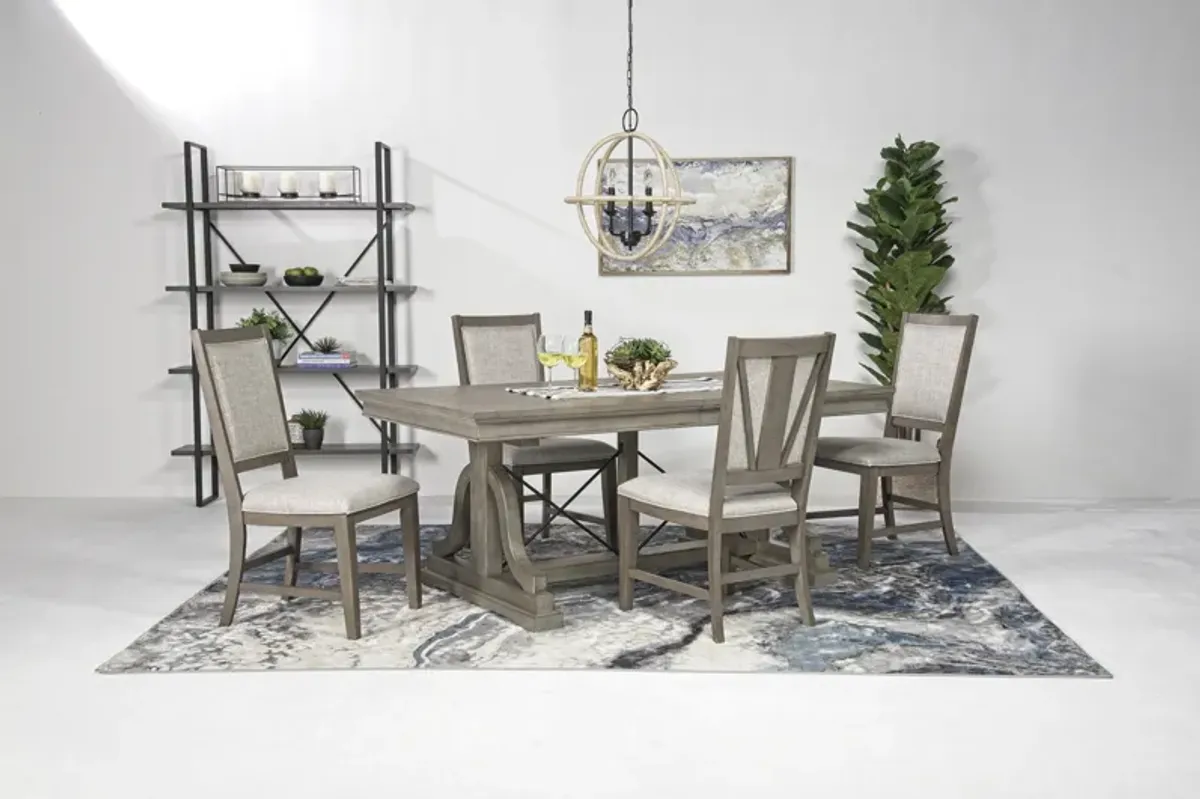 Bay Creek Extendable Dining Table & 4 Upholstered V-Back Chairs in Light Gray