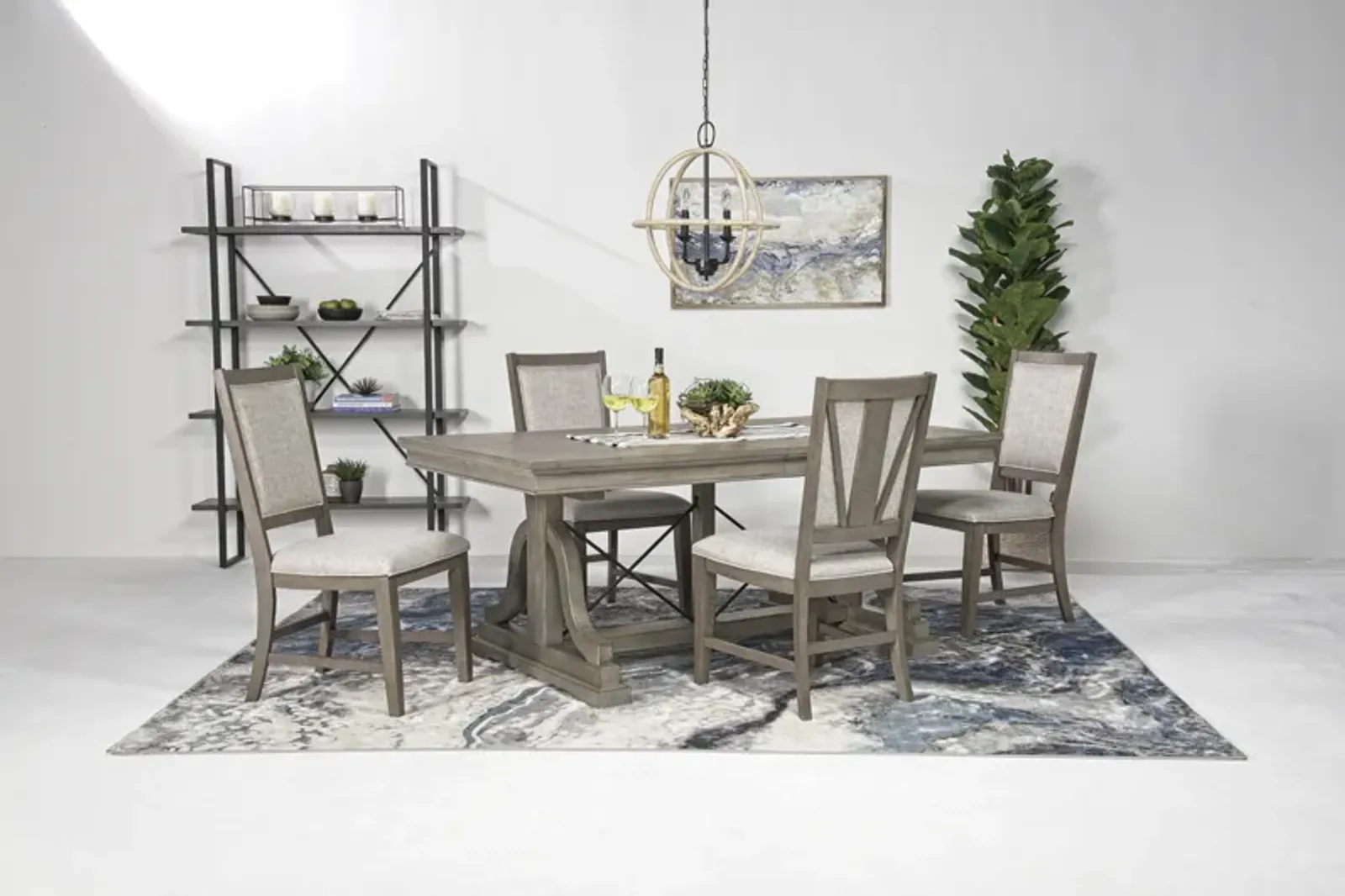 Bay Creek Extendable Dining Table & 4 Upholstered V-Back Chairs in Light Gray