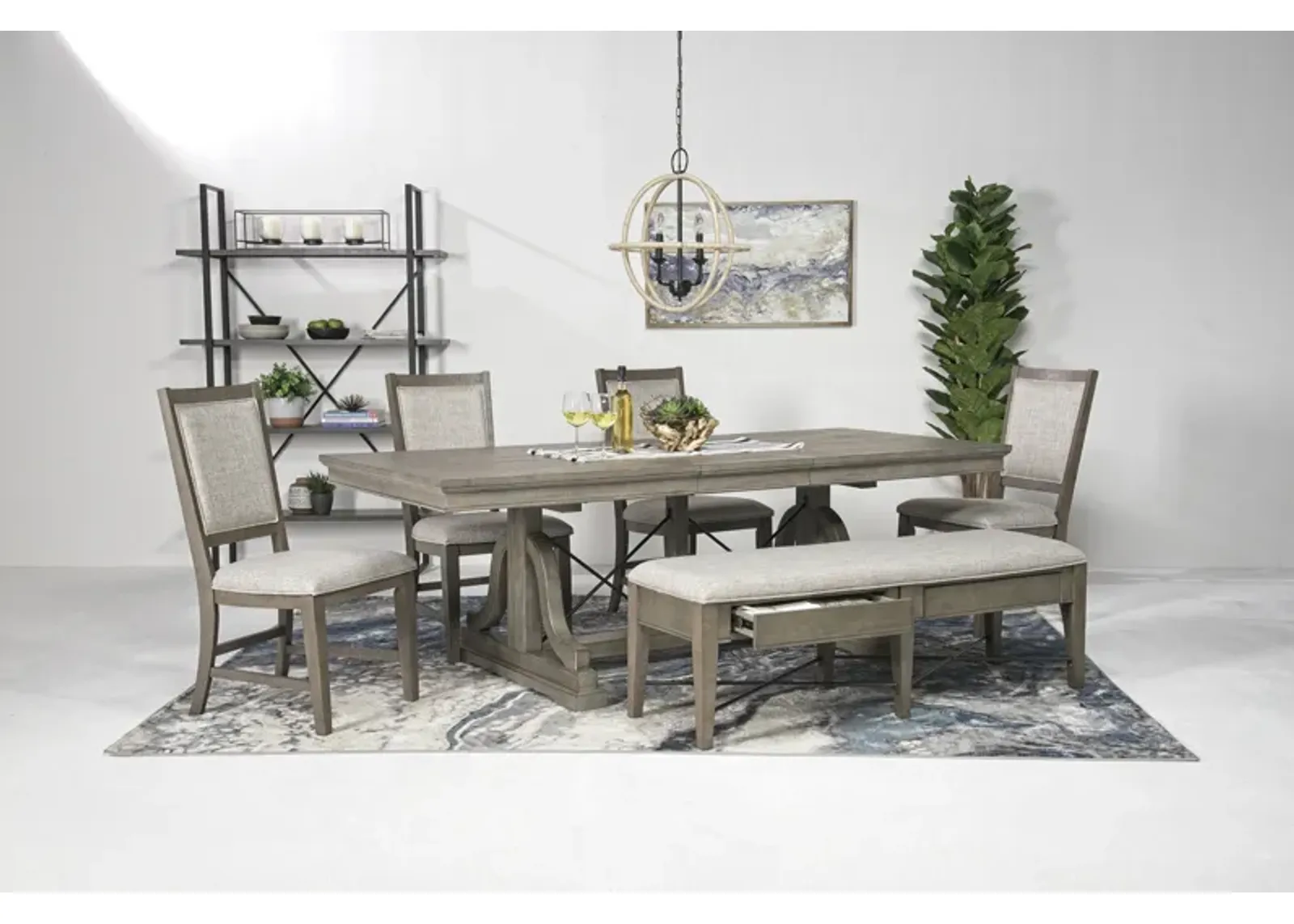 Bay Creek Extendable Dining Table, 4 Upholstered V-Back Chairs & Bench in Light Gray