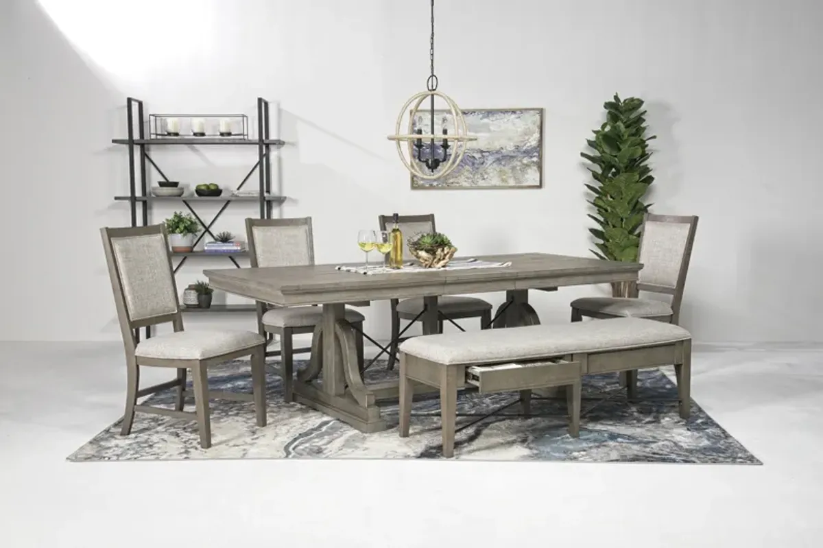 Bay Creek Extendable Dining Table, 4 Upholstered V-Back Chairs & Bench in Light Gray