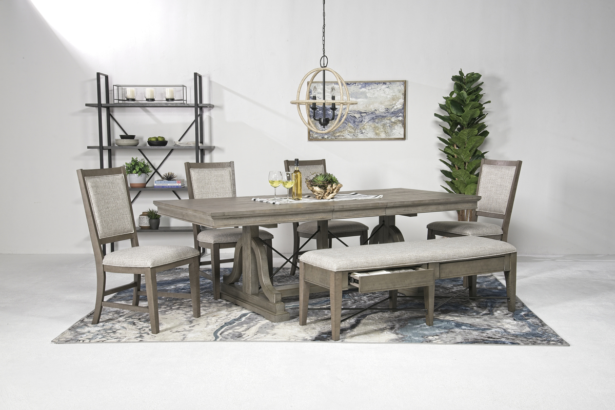 Bay Creek Extendable Dining Table, 4 Upholstered V-Back Chairs & Bench in Light Gray