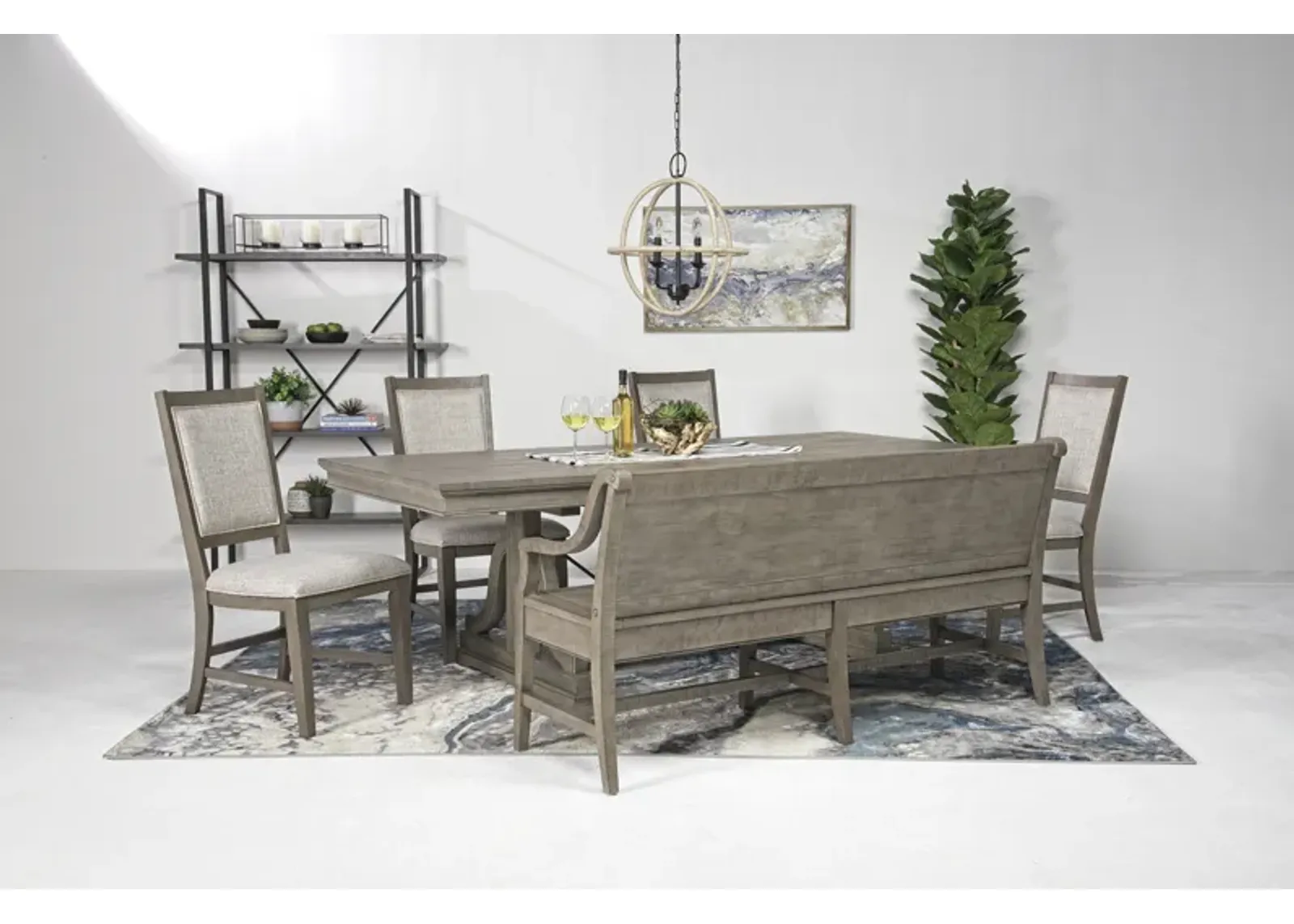 Bay Creek Extendable Dining Table, 4 Upholstered V-Back Chairs & High Back Bench in Light Gray