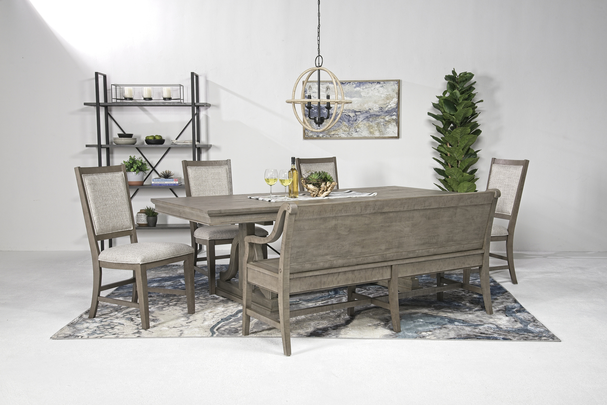 Bay Creek Extendable Dining Table, 4 Upholstered V-Back Chairs & High Back Bench in Light Gray