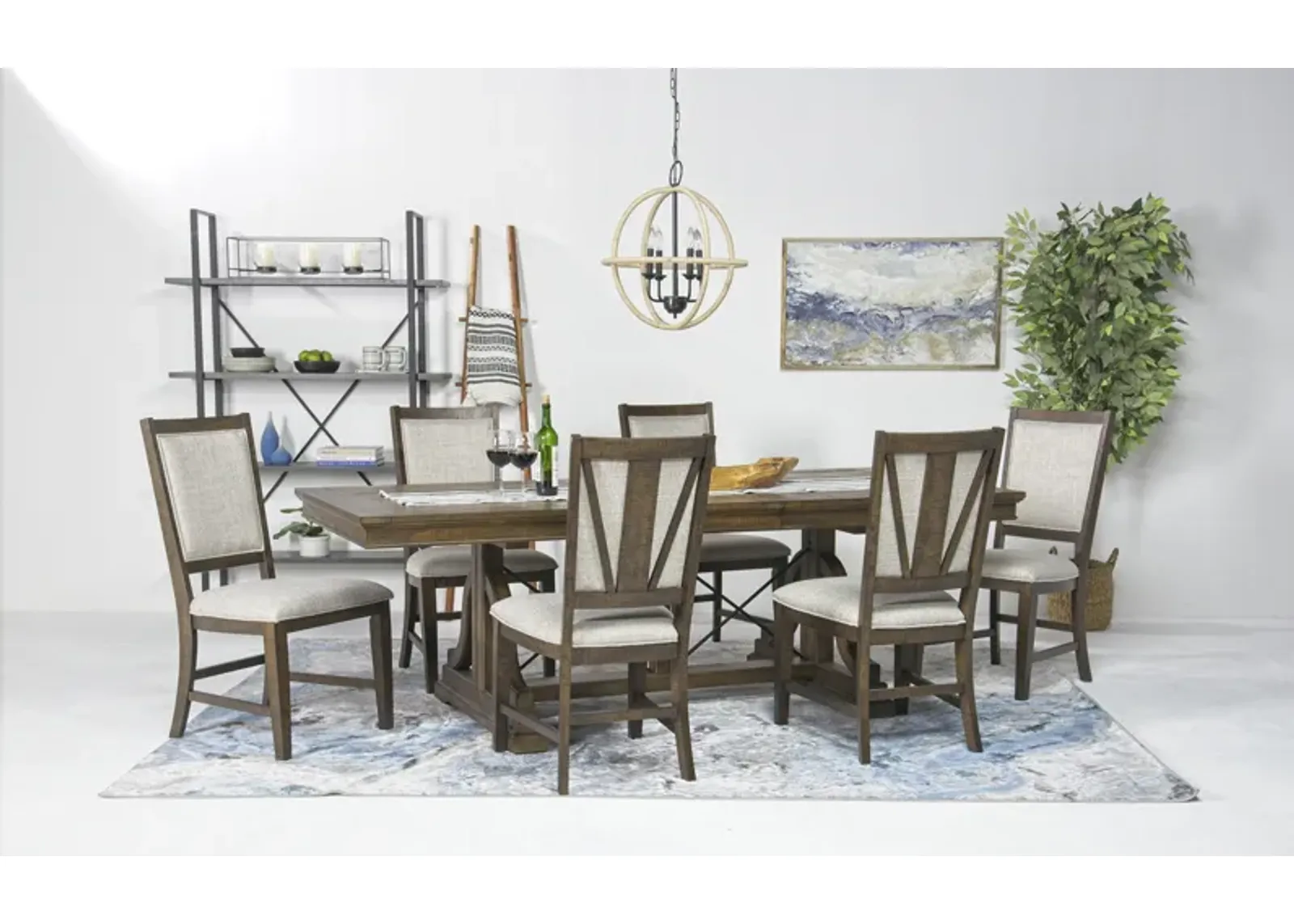 Bay Creek Extendable Dining Table & 6 Upholstered V-Back Chairs in Toasted Nutmeg