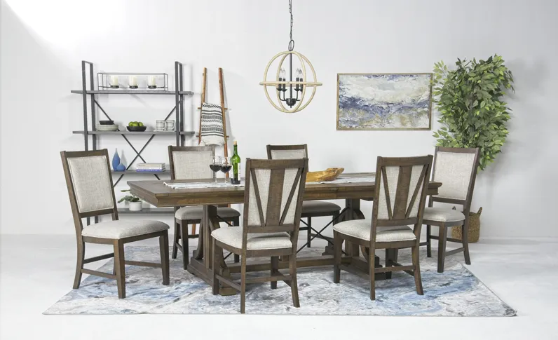 Bay Creek Extendable Dining Table & 6 Upholstered V-Back Chairs in Toasted Nutmeg