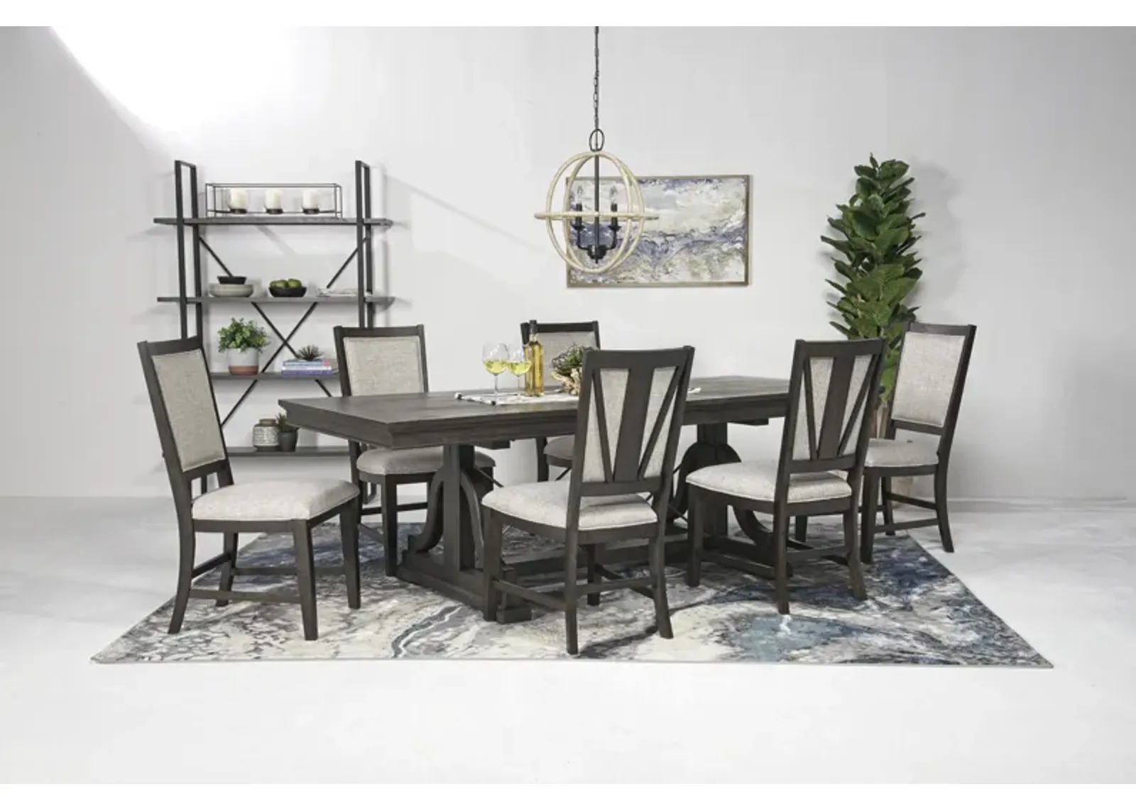 Bay Creek Extendable Dining Table & 6 Upholstered V-Back Chairs in Graphite