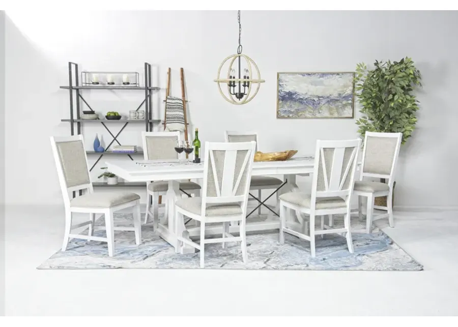 Bay Creek Extendable Dining Table & 6 Upholstered V-Back Chairs in Chalk White