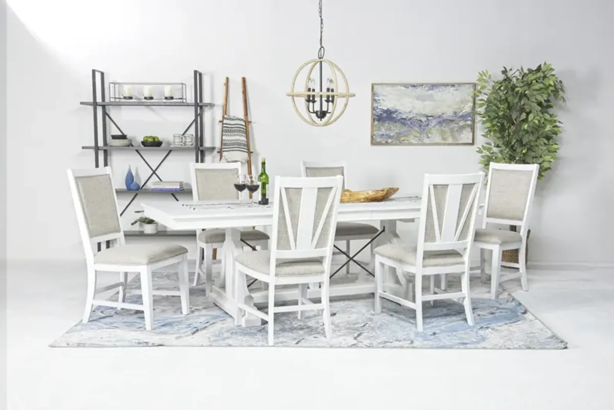 Bay Creek Extendable Dining Table & 6 Upholstered V-Back Chairs in Chalk White