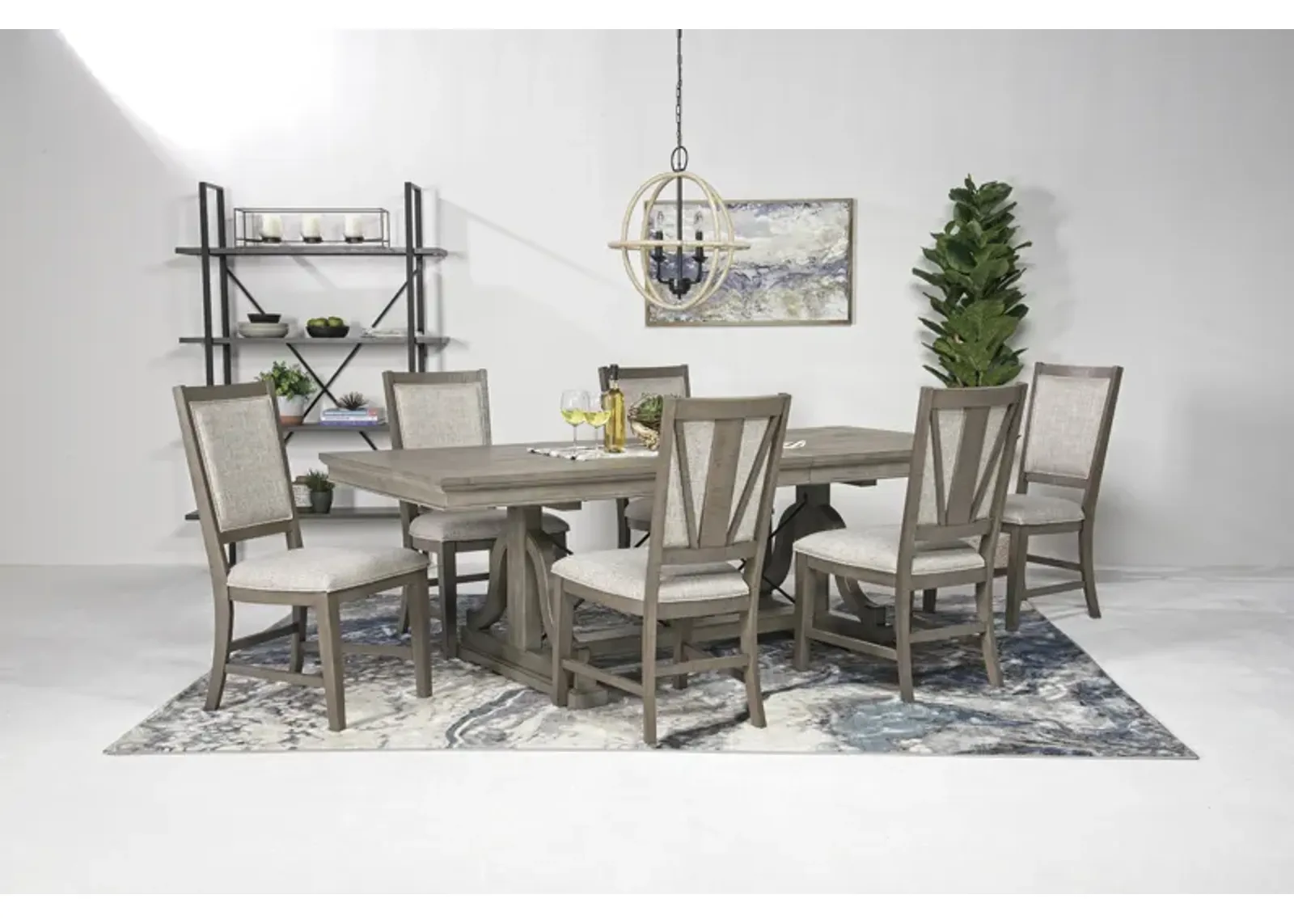 Bay Creek Extendable Dining Table & 6 Upholstered V-Back Chairs in Light Gray