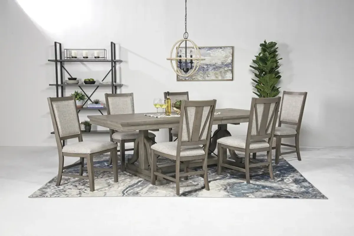 Bay Creek Extendable Dining Table & 6 Upholstered V-Back Chairs in Light Gray