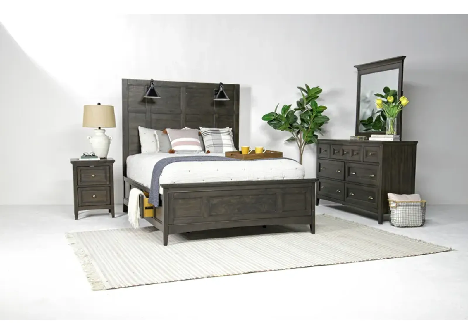 Bay Creek Panel Bed w/ Lights, Dresser, Mirror & Nightstand in Graphite, Queen