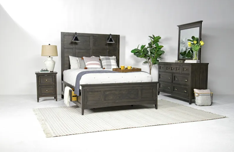 Bay Creek Panel Bed w/ Lights, Dresser, Mirror & Nightstand in Graphite, Queen