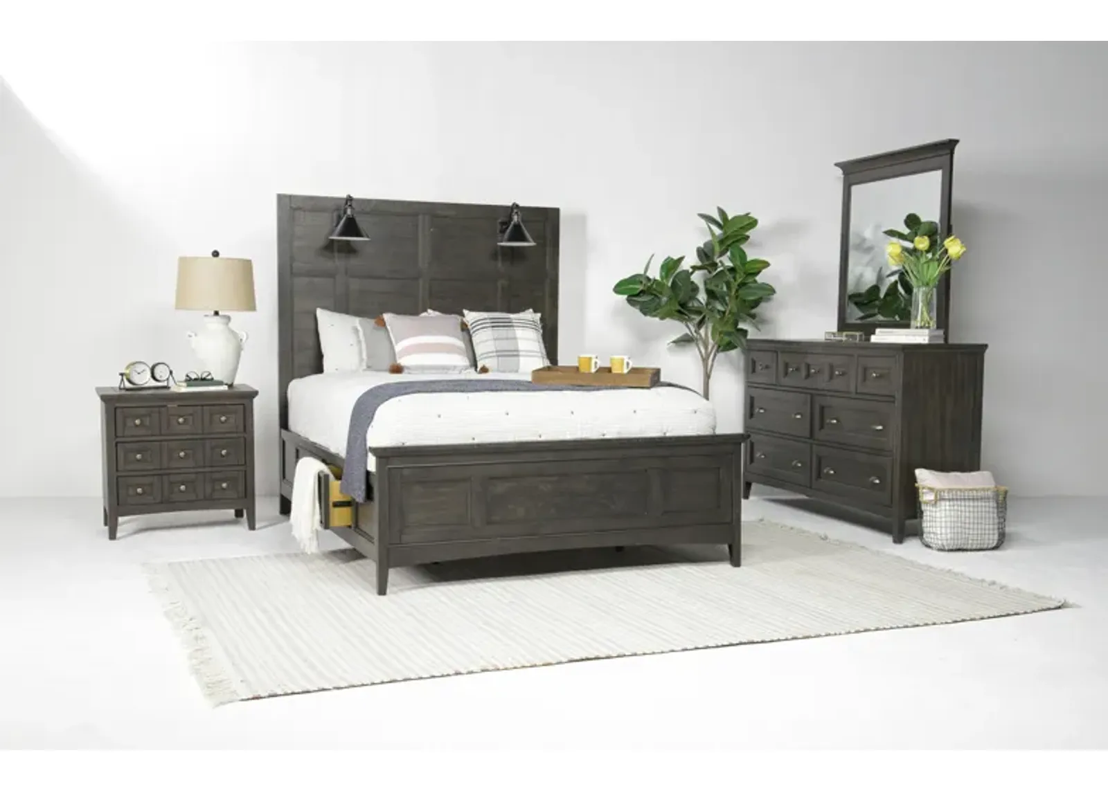 Bay Creek Panel Bed w/ Storage & Lights, Dresser, Mirror & Nightstand in Graphite, Queen