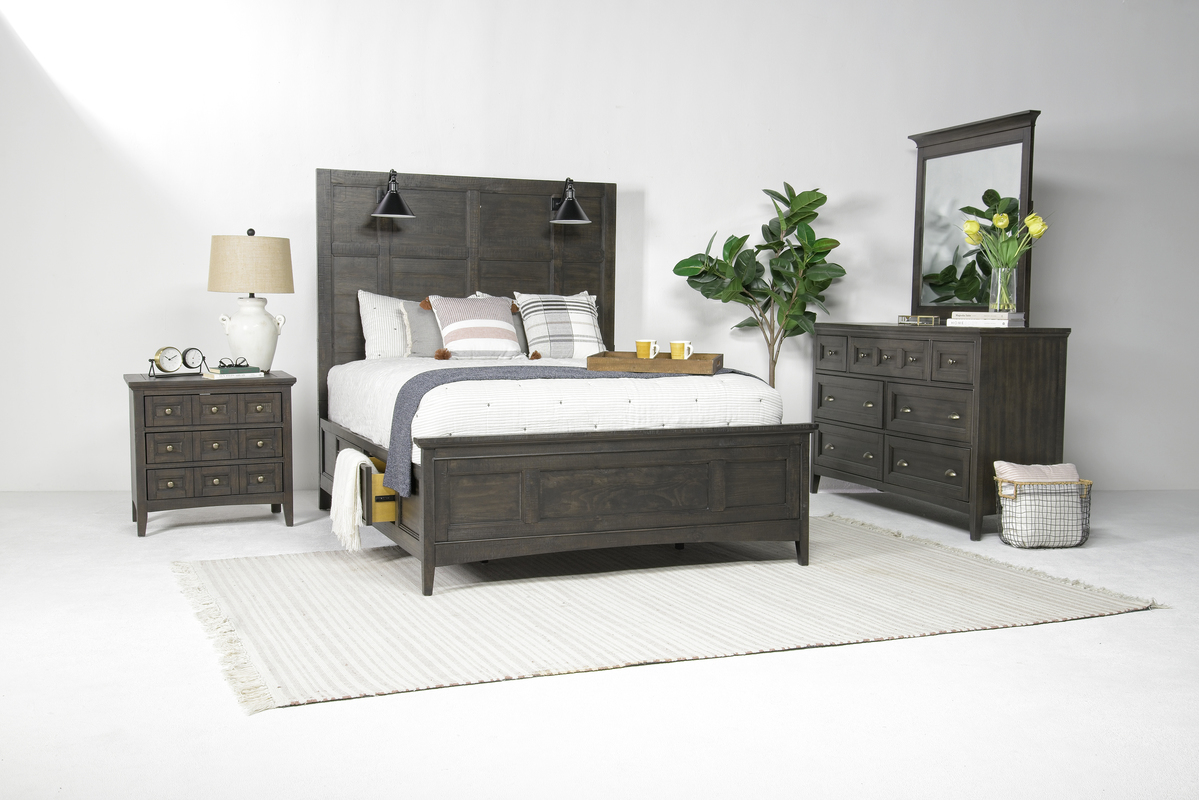 Bay Creek Panel Bed w/ Storage & Lights, Dresser, Mirror & Nightstand in Graphite, Queen