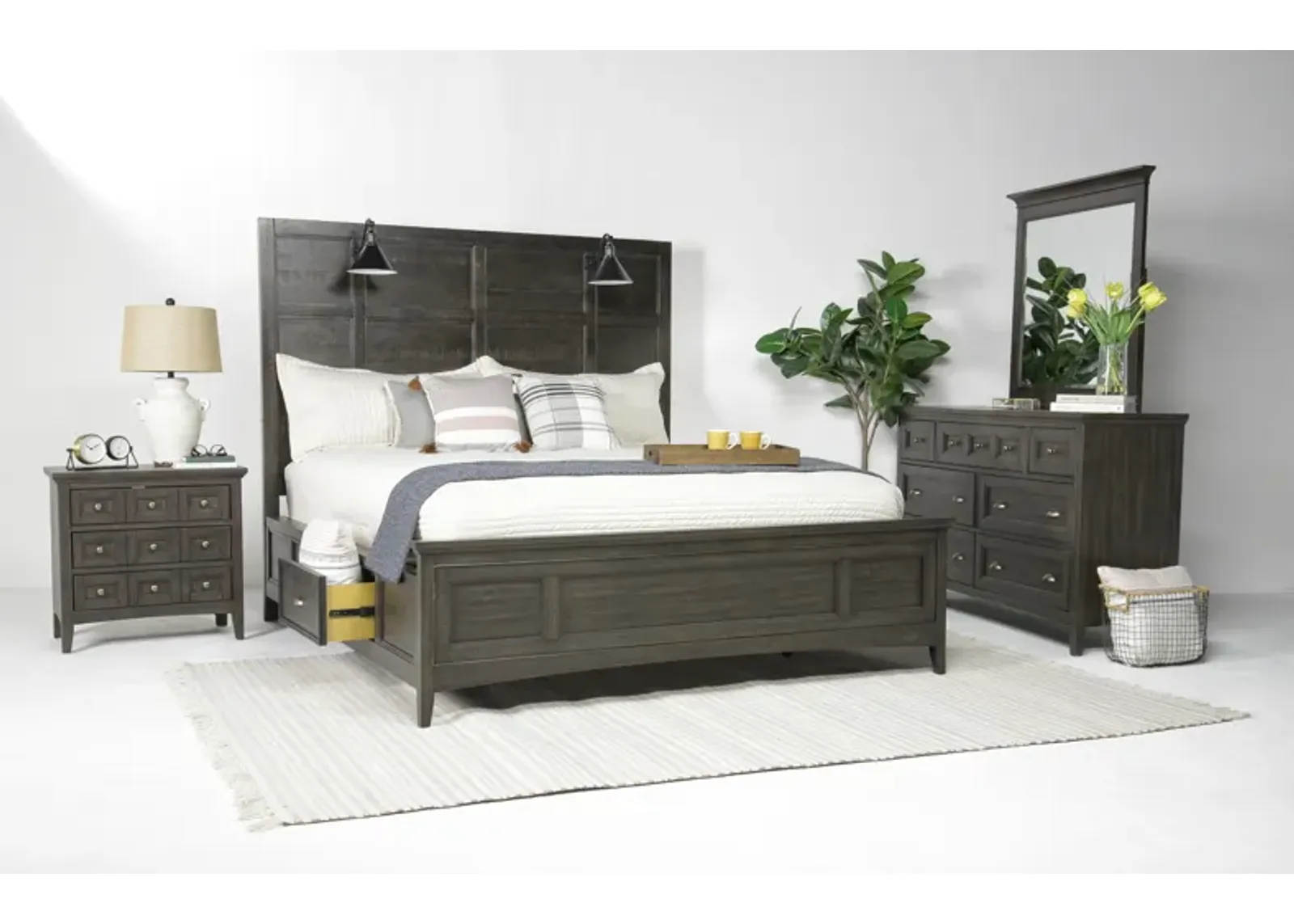 Bay Creek Panel Bed w/ Storage & Lights, Dresser, Mirror & Nightstand in Graphite, CA King