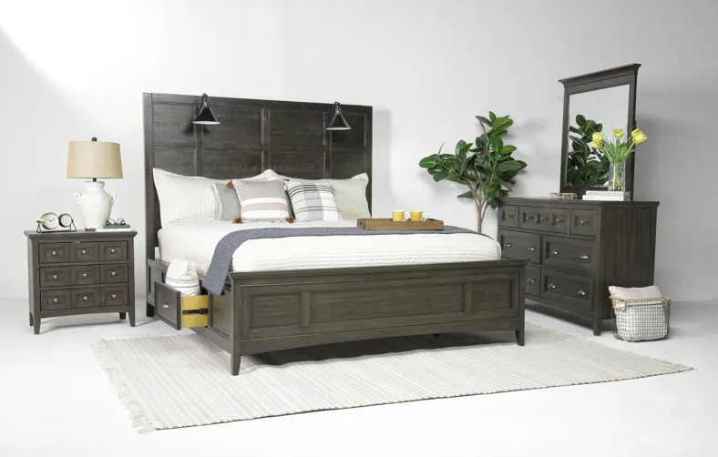 Bay Creek Panel Bed w/ Storage & Lights, Dresser, Mirror & Nightstand in Graphite, CA King