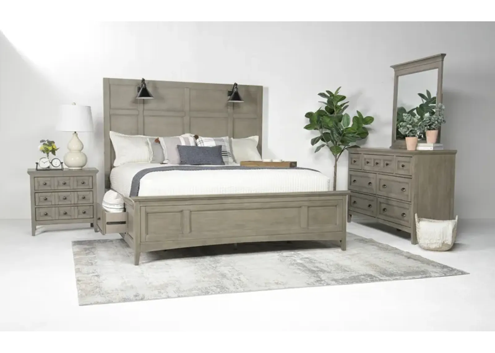 Bay Creek Panel Bed w/ Storage & Lights, Dresser, Mirror & Nightstand in Light Gray, Eastern King