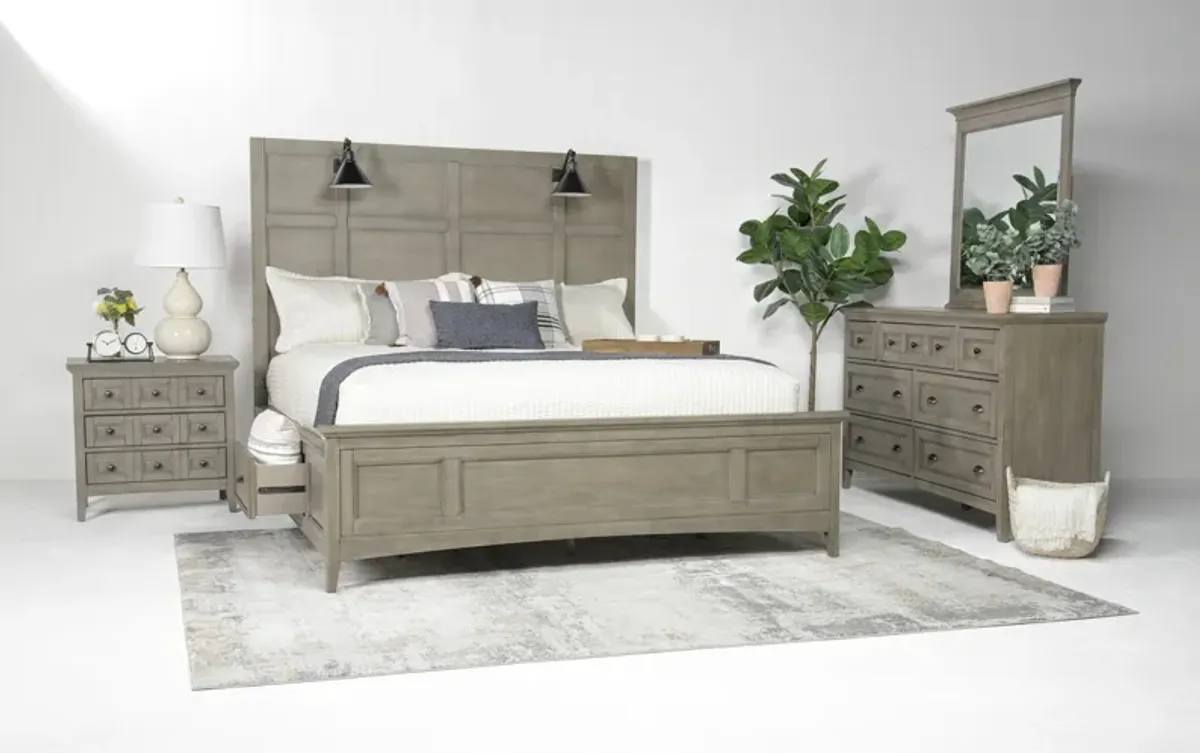 Bay Creek Panel Bed w/ Storage & Lights, Dresser, Mirror & Nightstand in Light Gray, Eastern King